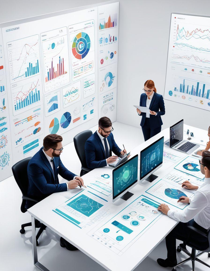 A sleek, futuristic office environment with diverse professionals collaborating on various digital devices, showcasing customized apps and interfaces. Incorporate visual elements like graphs, gears, and flowcharts to represent efficiency and customization. Vibrant colors, modern design. super-realistic. white background.