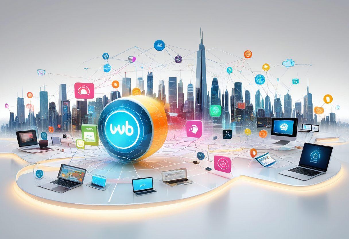 A futuristic digital skyline teeming with interconnected websites, glowing icons representing web services, and a central hub emanating light, symbolizing WebHub. Modern users navigating through with ease, representing seamless web solutions. Colorful, sleek, and innovative design. 3D. vibrant colors. white background.