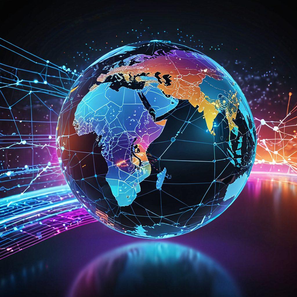 A futuristic digital landscape with interconnected web technologies; dynamic web pages flowing through data streams, sleek servers, vibrant coding lines, and AI-driven bots enhancing interaction; a globe in the background symbolizing global reach and impact. Super-realistic. Vibrant colors. High-tech feel.